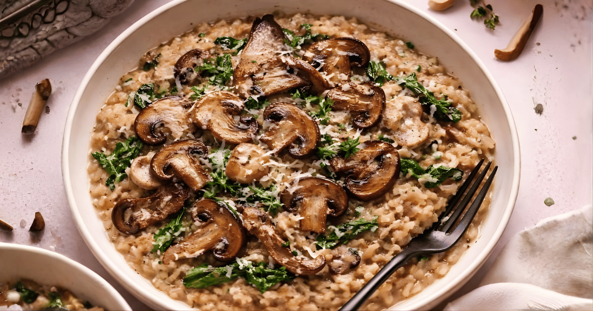Mushroom Risotto appena mantecato: il semplice gesto finale di 30 secondi che intensifica aroma e gusto.